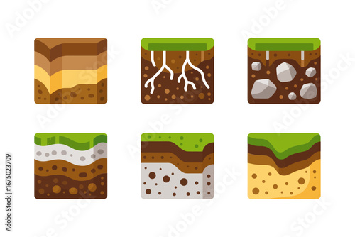 Earth layers infographic tiles, topsoil subsoil bedrock roots moisture gravel sand, geology science icons, agriculture study vector collection
