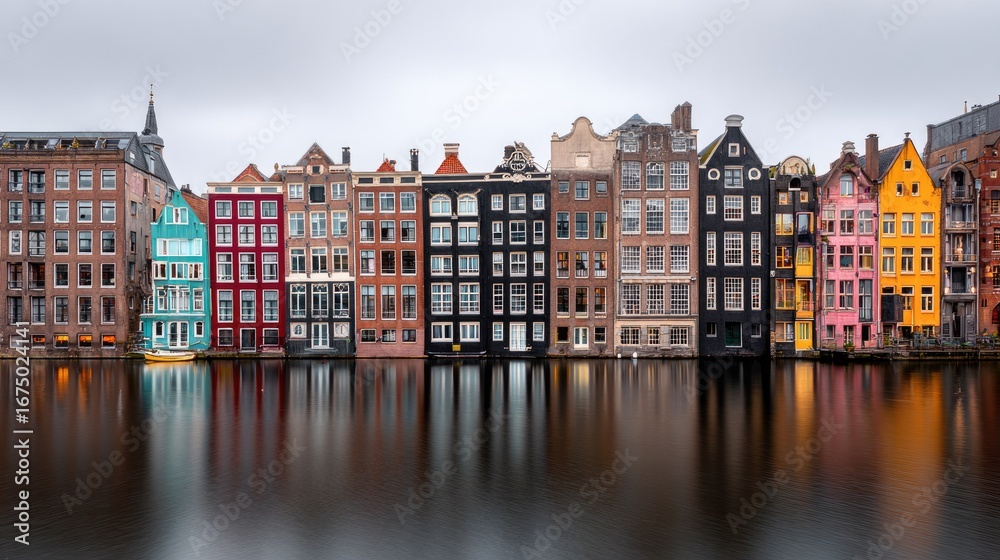 Fototapeta premium Colorful Amsterdam houses reflect on canal
