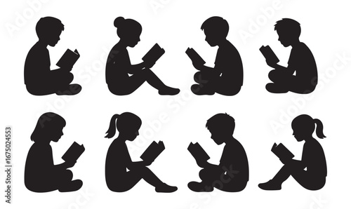 Silhouette of children reading books while sitting in different poses, student study illustration set, education and learning concept design.