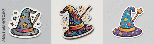 Three whimsical wizard hats adorned with stars and vibrant colors are showcased, featuring a magical wand peeking out. The playful design evokes a sense of enchantment and creativity.