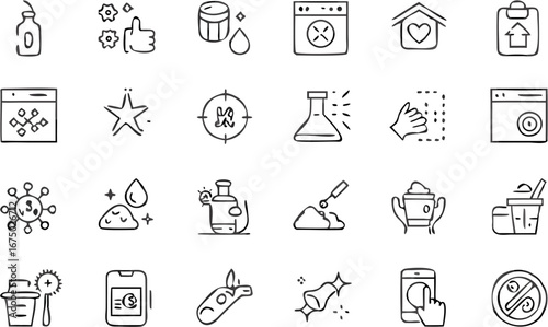 Vector collection of hand drawn icons representing various concepts such as cleaning and beauty products and more