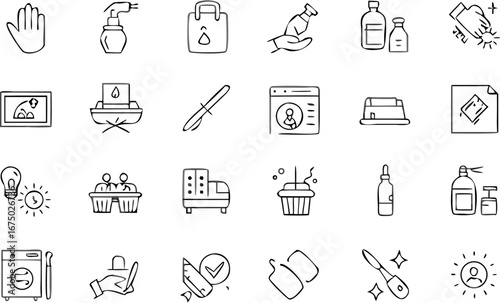 Vector collection of various hand drawn icons including cleaning supplies, medical items, and household objects