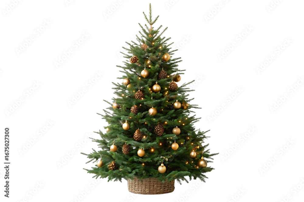 Obraz premium Medium Christmas tree in wicker basket with gold ornaments, pine cones, warm lights, isolated on a transparent background