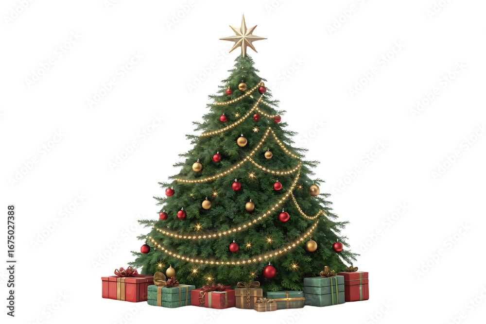 Naklejka premium Christmas tree with gold star topper red gold ornaments gift boxes beneath, isolated on a transparent background