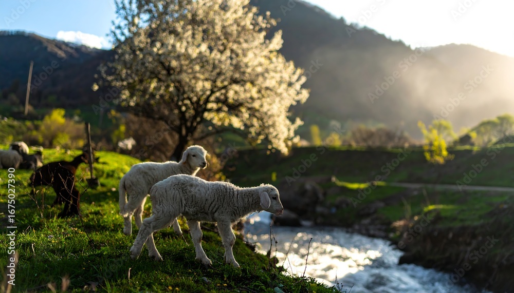 Fototapeta premium Lambs graze spring scene