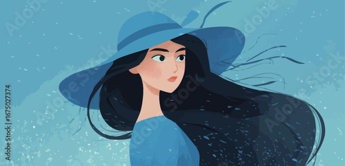 A woman with long hair and a fashionable hat looks thoughtfully to the side. Her expression conveys contemplation as she stands out against a vivid blue background, creating an artistic ambiance.