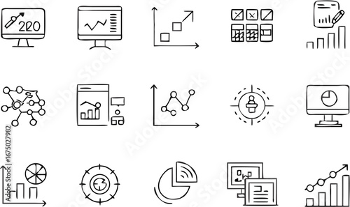 Vector collection of hand drawn business data and analytics icons representing various chart types and data analysis