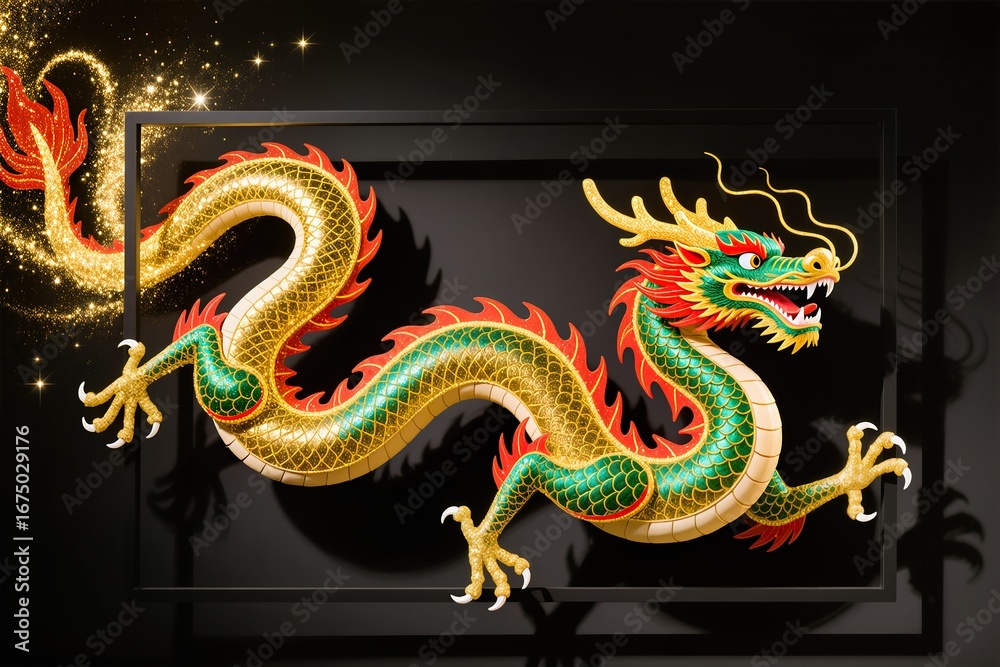 Fototapeta premium A surreal Chinese New Year dragon with glowing golden scales dances on a frame, its vibrant emerald and crimson scales overflowing beyond the borders in sparkling trails