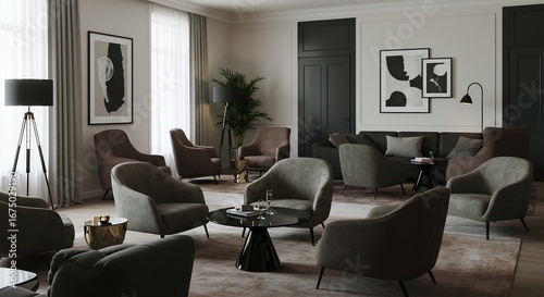 都会的落ち着いた空間 柔らかな光が差し込む上質なラウンジ. AI Generated