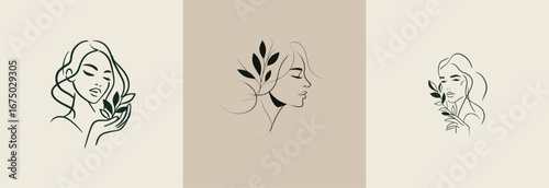 Three elegant line drawings depict women gently interacting with leaves, showcasing a connection to nature and inner beauty. The minimalist style enhances the serene aesthetic.