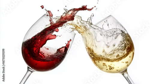 Clinking wine glasses with splashing red and white wine on pure white background, toast celebration close-up for beverage advertising or social event design