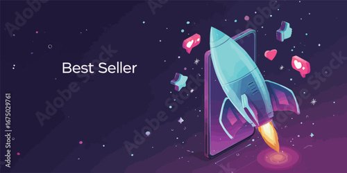 A dynamic digital artwork features a rocket taking off from a smartphone while hearts and symbols surround it. Bright colors and whimsical design convey a sense of energy and excitement in technology.