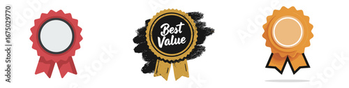 Three distinct award ribbons showcase recognition for achievement. The first is a blank red ribbon, the second highlights best value, and the third is a simple yellow ribbon.