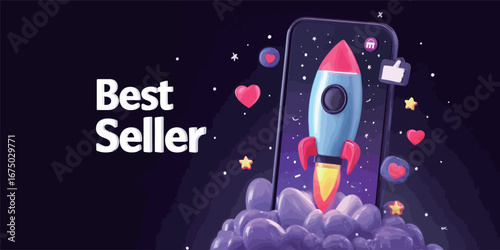 A dynamic digital artwork features a rocket taking off from a smartphone while hearts and symbols surround it. Bright colors and whimsical design convey a sense of energy and excitement in technology.