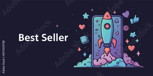 A dynamic digital artwork features a rocket taking off from a smartphone while hearts and symbols surround it. Bright colors and whimsical design convey a sense of energy and excitement in technology.