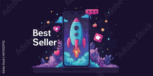 A dynamic digital artwork features a rocket taking off from a smartphone while hearts and symbols surround it. Bright colors and whimsical design convey a sense of energy and excitement in technology.