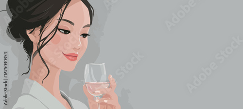 A young woman with long dark hair holds a glass of wine, smiling softly while enjoying the moment in a stylish, minimalist environment that exudes calm.
