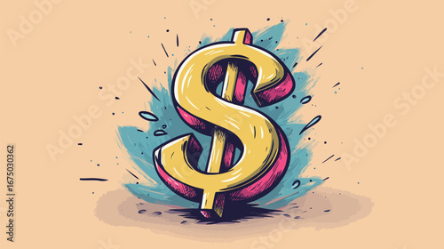 A vibrant dollar sign graphic stands out with bright colors and dramatic splashes. This artwork symbolizes wealth, commerce, and financial success in a modern style.