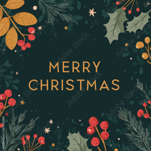 A festive design featuring bright red berries, green leaves, and gold accents surrounding the words Merry Christmas. This artwork conveys a joyful spirit perfect for holiday cards and decorations.