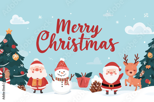 A cheerful display of Christmas spirit features various festive characters, including Santa, reindeer, and snowmen, set against a bright red backdrop filled with holiday decorations.