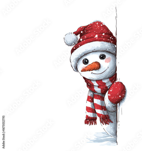 A cheerful snowman with a bright orange nose peeks around a corner, wearing a red Santa hat and a matching scarf, set against a snowy background, evoking holiday spirit.