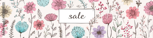 A beautiful arrangement of hand-drawn flowers in various colors surrounds a central text announcing a sale. The delicate design creates a fresh and inviting atmosphere perfect for promotions.