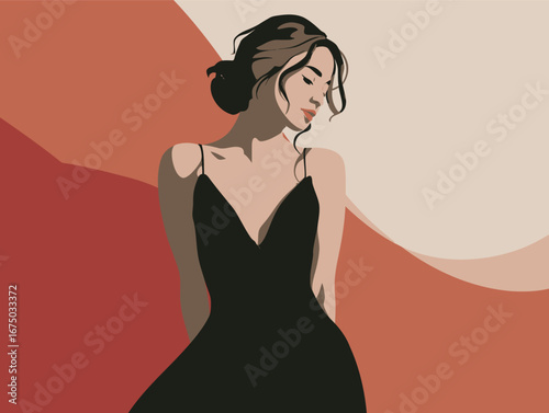 A graceful woman wearing a sleek black dress stands serenely, her hair styled beautifully. The backdrop features warm abstract shapes that enhance the tranquil atmosphere.
