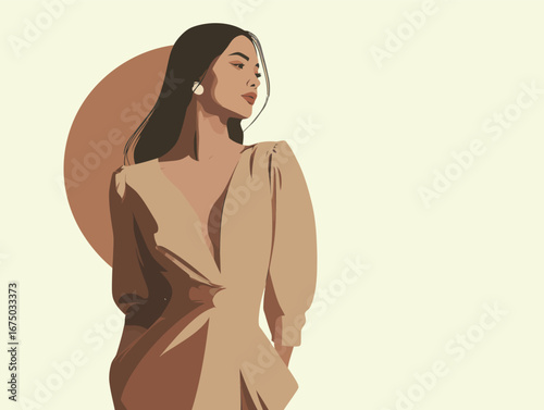A fashionable woman stands elegantly, showcasing her stylish outfit. The warm minimalist backdrop enhances her confident pose, creating a striking visual contrast.