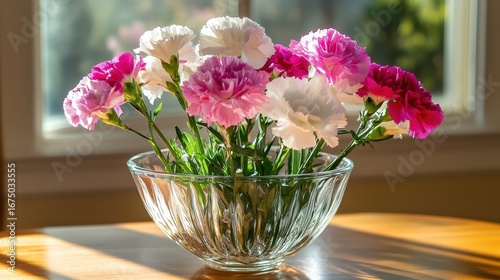 Beautiful Bright Flowers in Bowl Against Soft Background Light