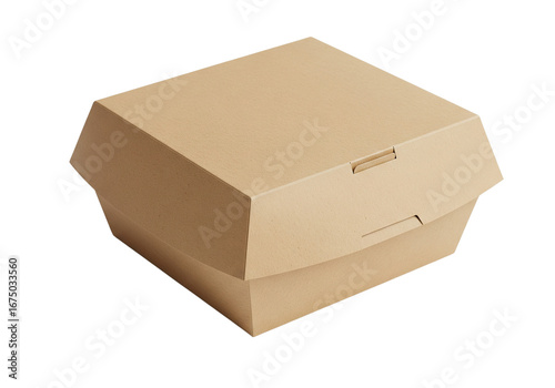 A closed brown kraft paper clamshell food container for takeaway meals, representing eco-friendly and biodegradable packaging for the fast food industry on transparent background
