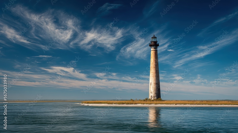 Fototapeta premium Majestic Lighthouse Standing Tall Against Vibrant Blue Sky and Water