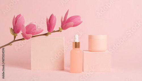 Beauty Essentials Still Life: A minimalistic beauty composition, showcasing a delicate pink flower branch elegantly arranged with a serum bottle and a jar of cream, all against a soft pink backdrop.