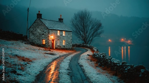 Stone Cottage in Foggy Winter Night