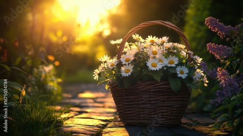 Beautiful Flower Basket in Garden at Sunset with Soft Light