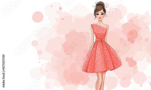 A fashionable woman showcases a chic coral dress adorned with white polka dots. She stands confidently with a graceful pose, set against a delicately blurred pink background.