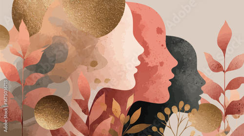 The artwork features artistic depictions of diverse faces in various warm shades. Surrounding foliage enhances the natural theme, creating a harmonious blend of color and form.