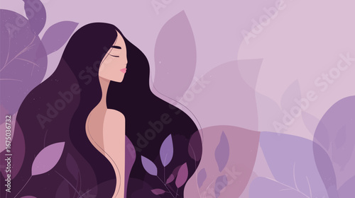 A serene scene featuring a woman with flowing long hair and a thoughtful expression, nestled amid stylized purple leaves and subtle flowers, creating a tranquil atmosphere.