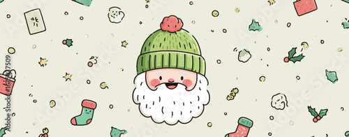 Jolly Santa with a green hat and pom-pom smiles amidst stars, holiday socks, gifts, and other festive decorations. A whimsical holiday design suitable for all ages.