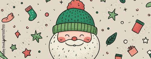 Jolly Santa with a green hat and pom-pom smiles amidst stars, holiday socks, gifts, and other festive decorations. A whimsical holiday design suitable for all ages.