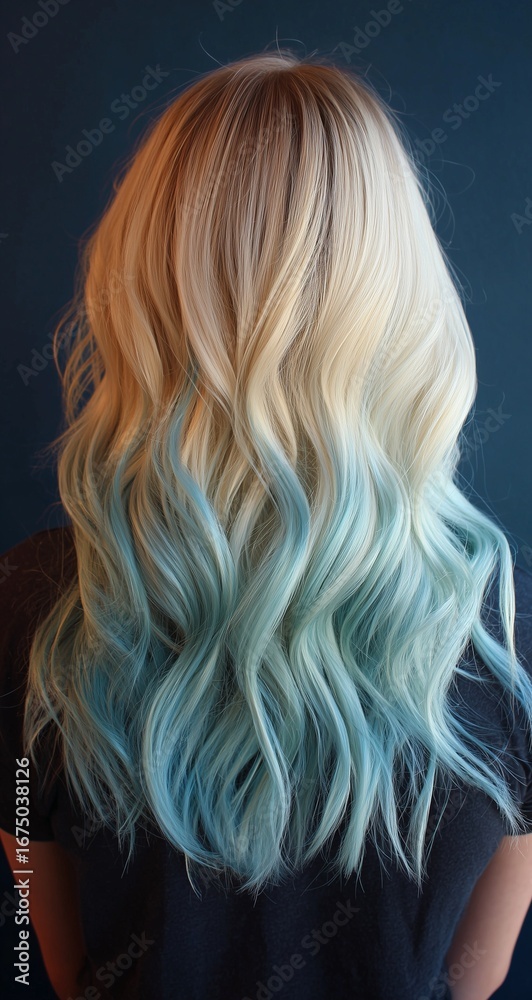 Naklejka premium Close-up of a woman from behind with shoulder-length blonde hair, half dyed in ombre green to white and the other half in long pastel blue waves