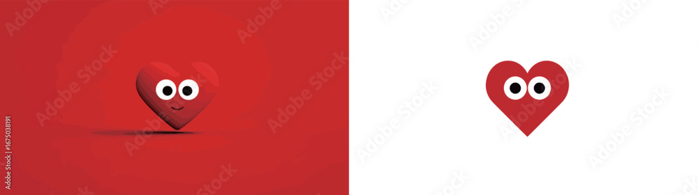 Fototapeta premium A cheerful heart character with big eyes stands on a bright red background, while a simpler heart icon appears on a white background, showcasing different artistic styles.