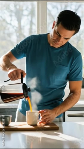 Man pours fresh coffee into a mug in the morning, starting his day with a warm drink.