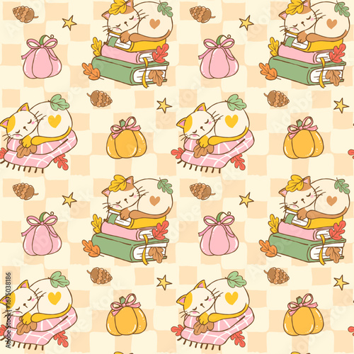 Retro Cozy Fall Reading Seamless Pattern Girly Autumn Bookish Book and Cat Lover Wallpaper printable