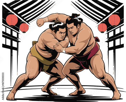 Sumo Wrestling Match Vector Illustration Japanese Sports Action