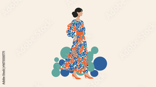 A stylish model walks confidently in a vibrant floral dress, featuring bold colors and patterns, complemented by a minimalist abstract background with circular shapes and tones.