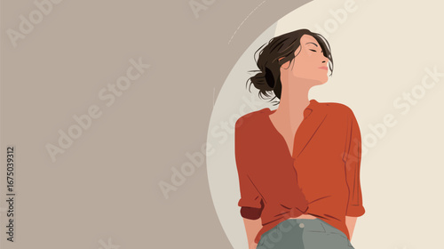 A woman stands confidently wearing a vibrant orange shirt, exuding a relaxed yet fashionable vibe. The minimalist background enhances her presence, showcasing her style.