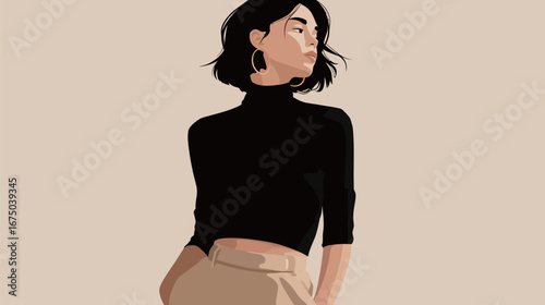 A fashionable woman stands confidently, wearing a black turtleneck and beige trousers, with her hair flowing loosely. She expresses a sense of grace and style against a subtle, neutral backdrop.