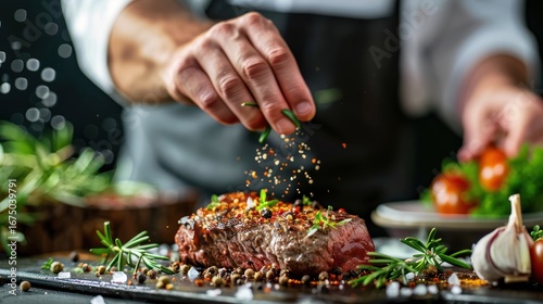 A chef's hand sprinkling herbs over a cooked steak on a dark wooden cutting board with a blurred background of fresh vegetables and herbs.