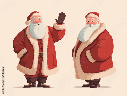 Two playful renditions of Santa Claus show him waving and standing with hands in pockets. He wears a classic red suit with fluffy white trim, showcasing a jolly expression and iconic beard.