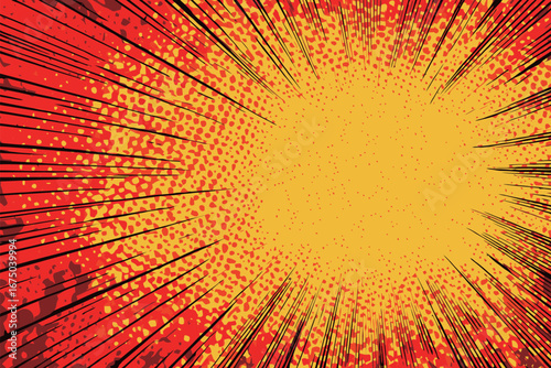 Bright bursts of yellow and red lines radiate outwards, creating a dynamic explosion effect. This colorful design is perfect for graphic projects, adding energy and excitement to any composition.